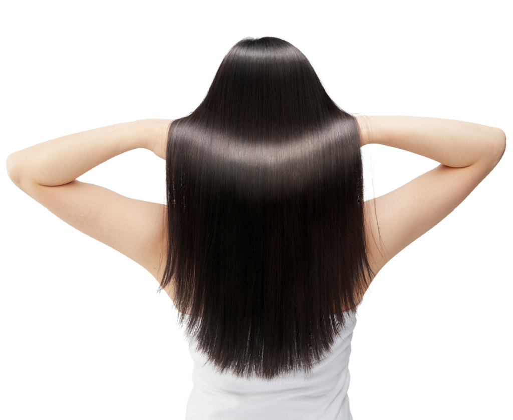 Back view of a person with long, straight black hair held away from the head by raised arms.